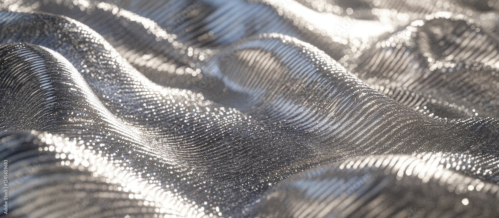 Poster silver glitter texture with sound wave pattern featuring shimmering waves in shades of silver and gr