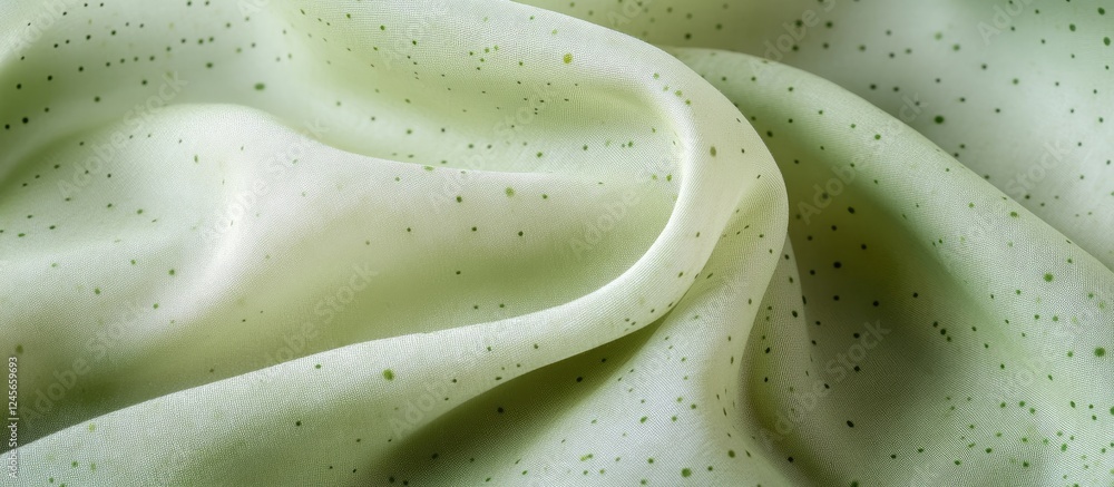 Poster light green fabric texture with tiny black dots creating a soft, elegant surface design, flowing gen