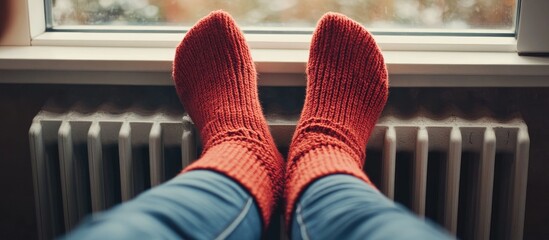 Cozy red socks resting on legs near a white radiator against a bright window showcasing a warm winter ambiance and relaxation in soft lighting