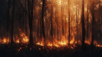 close-up of a forest fire with burning trees