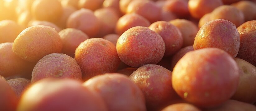 Closeup view of a large pile of reddish-brown raw potatoes with earthy texture illuminated by soft sunlight creating a warm natural vibe