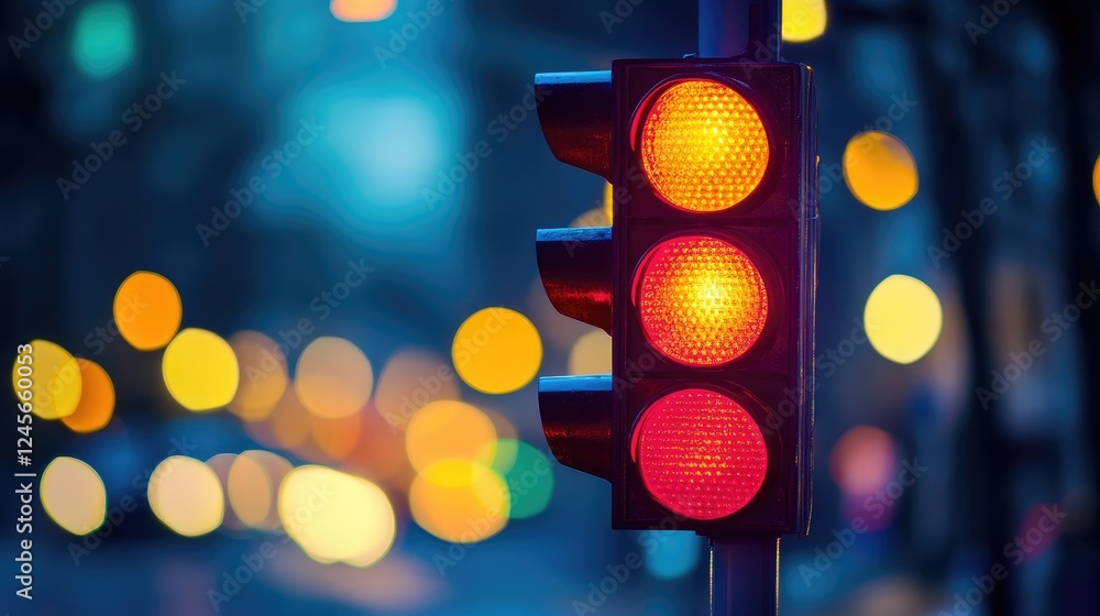 Poster a nighttime shot of a traffic light glowing in red, illuminating the surrounding road and creating a