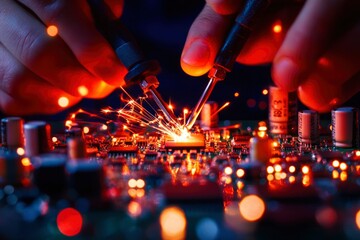 Hands expertly soldering a circuit board with sparks