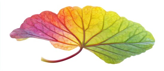 Obraz premium Vibrant Tropaeolum majus leaf in gradient colors of red, orange, yellow, and green, isolated on white background, highlighting intricate details.