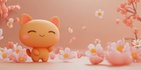 A cute orange cat character surrounded by pink flowers in a soft, pastel environment.