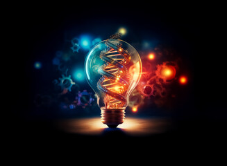 A luminous light bulb encasing a DNA helix, surrounded by glowing particles against a dark backdrop. Symbolizing scientific innovation and genetic discovery.