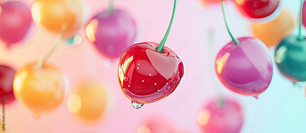 Poster bright red and pink cherries hanging against a gradient pastel background with soft bokeh, creating 