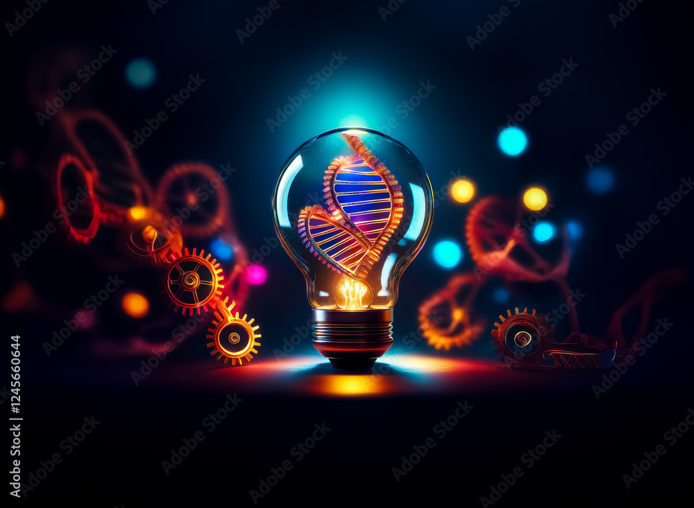 Poster glowing light bulb showcases a dna strand, symbolizing innovation in science and technology. gears a