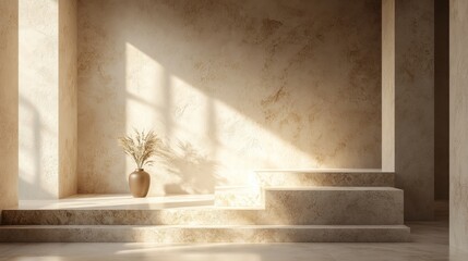 A solid stone podium with a sleek finish and minimalist decor, bathed in soft light