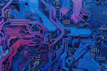 Minimalist Artificial intelligence micro chip on blue circuit board, technology, innovation, and precision concept.
