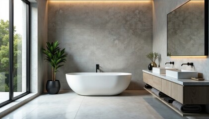 Fototapeta premium Calming grey stone, freestanding tub, ample countertop , wellness, tub, spa