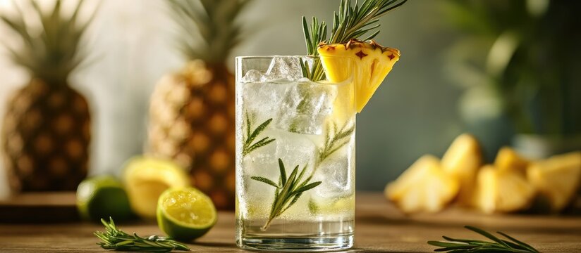Refreshing tonic water cocktail garnished with fresh rosemary and pineapple slice in a glass, with lime and pineapple pieces in a soft focus background.