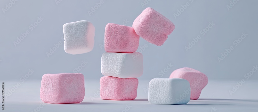 Poster assorted pink and white marshmallows arranged in a playful stack on a soft blue background creating 