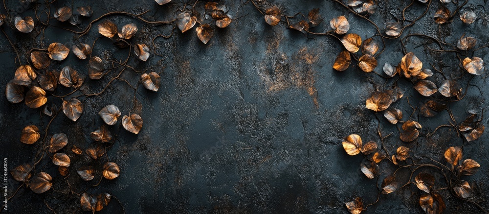 Poster rusty black metal texture with a worn surface in dark tones adorned with bronze leaves on the sides 