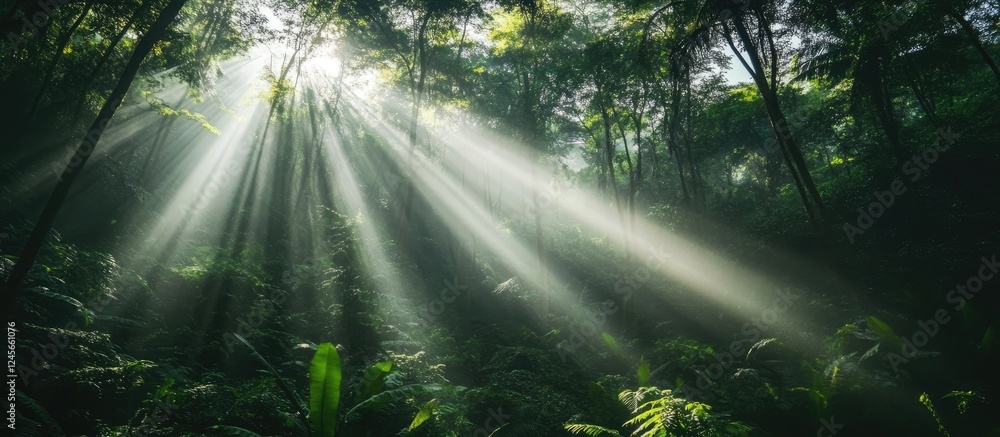 Poster sunlight streams through dense green foliage in a dark forest, creating striking contrasts of light 
