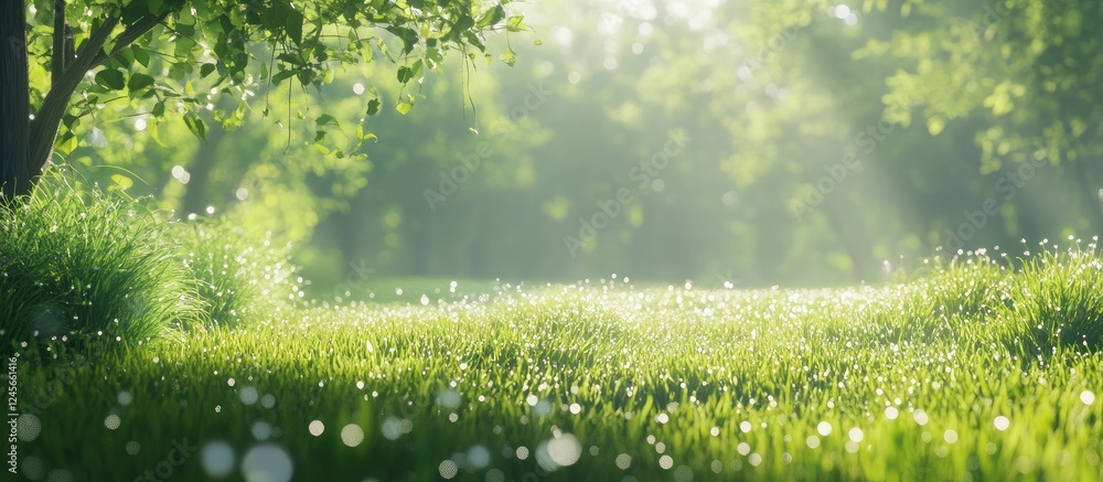 Poster vibrant green grass field with glistening dew drops illuminated by soft sunlight creating a serene s
