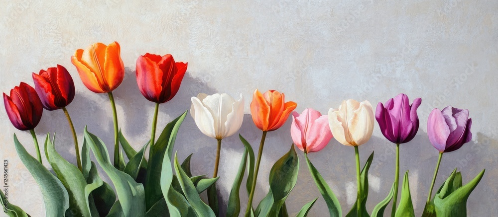 Poster vibrant tulips in various colors arranged in a row on a soft gray background with ample negative spa