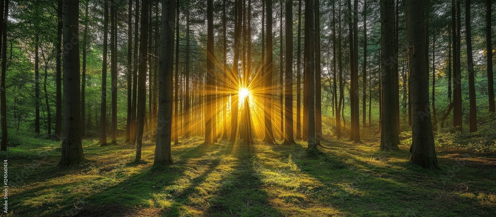 Poster sunlight streaming through tall trees in a dense green forest creating a mesmerizing display of ligh