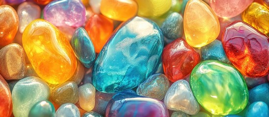 Colorful smooth pebbles in vibrant shades of orange blue yellow and green arranged closely together from a top view showcasing their unique textures