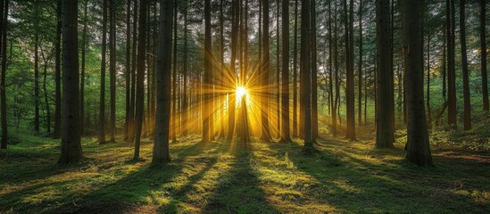 Sunlight streaming through tall trees in a dense green forest creating a mesmerizing display of light and shadow on the forest floor