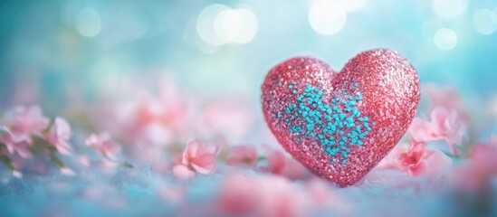 Fototapeta premium Vibrant pink turquoise glitter heart surrounded by soft pastel flowers on a blurred turquoise background perfect for Valentine's Day celebrations
