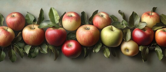 A vibrant array of diverse apple varieties on a textured surface, showcasing red and green apples with lush green leaves prominently displayed.