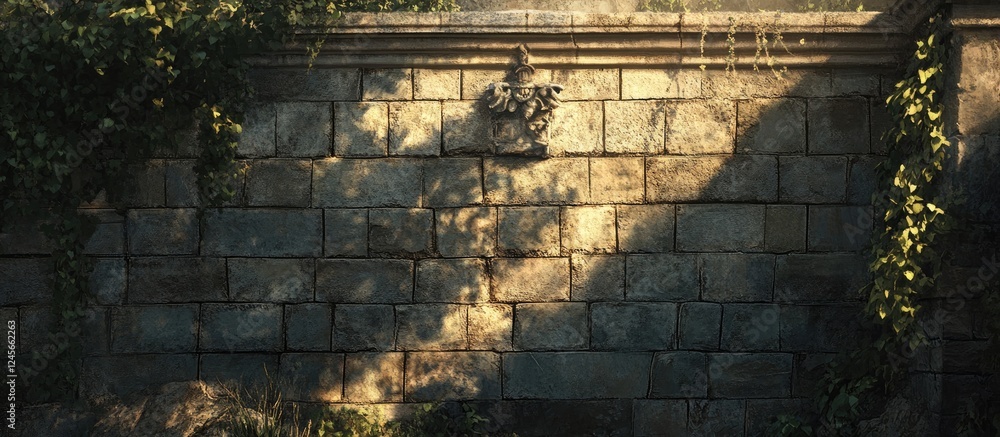 Poster ancient stone wall texture with shadows and greenery casting depth highlights history and age in a r