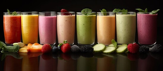 Colorful array of smoothies in clear glasses with vibrant fruits and vegetables on dark background highlighting fresh ingredients and ample copy space.
