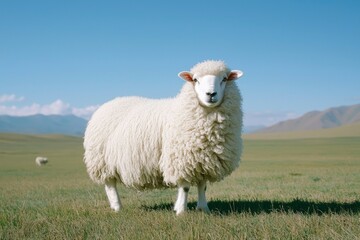 Obraz premium Fluffy White Sheep Grazing in a Green Pasture