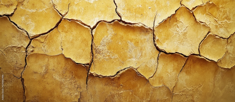 Poster cracked yellow wall texture with uneven earth tones and prominent fissures creating an abstract back