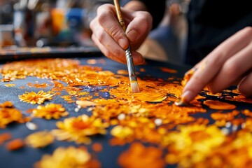 Artist painting orange flowers using a brush and fingers