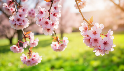 Obraz premium Cherry blossoms in spring sunlight with green background