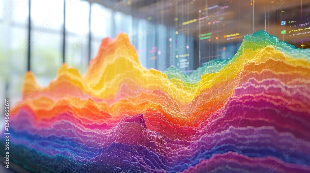Poster a stacked area chart with vibrant colors on a digital screen, showing layered data distribution over