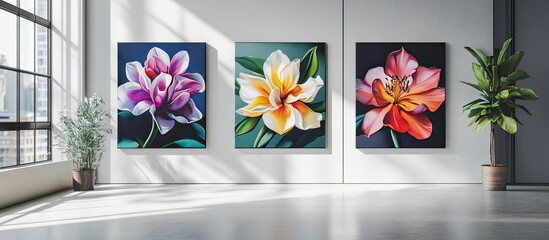 Three vibrant floral canvases in purple, yellow, and orange displayed on a spacious wall with large windows and greenery in an artistic interior setting.