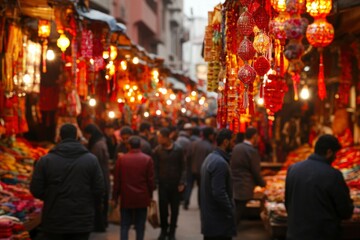 Obraz premium A bustling market street with vibrant red lanterns and shoppers