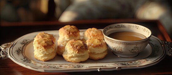 Elegant presentation of fluffy Southern biscuits on a vintage silver tray with a decorative bowl of savory gravy, warm golden hues and rustic charm.