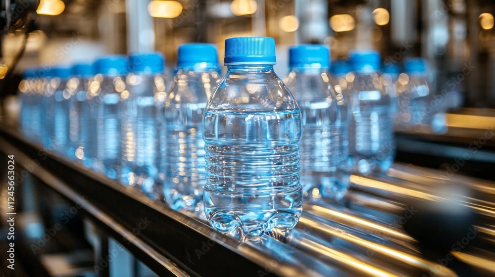 Poster rows of clear plastic bottles filled with sparkling water glide along a conveyor, surrounded by a bu