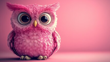 A cute pink owl with large eyes against a soft pink background.