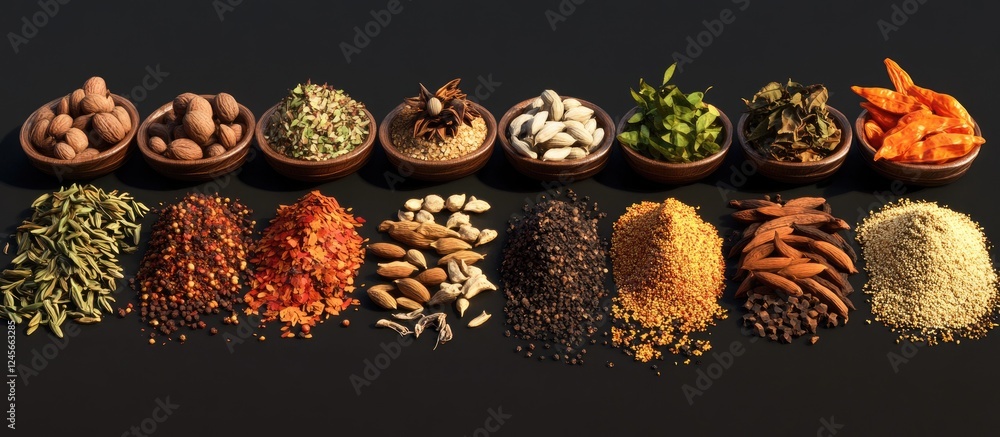 Aufkleber colorful array of spices in wooden bowls arranged from left to right on a dark background featuring 