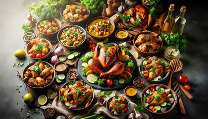 Roasted chicken with potatoes and herbs in a wooden dish.