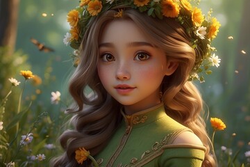 Beautiful young girl close-up with brown hair in a green dress and with flowers on her head in the forest as a symbol of spring. Realistic illustration in horizontal format.
