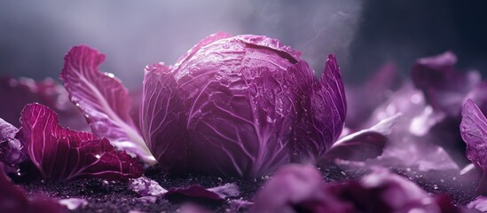 Purple cabbage on dark ground surrounded by mist highlights its importance in agriculture and market dynamics with vibrant textures and shadows.