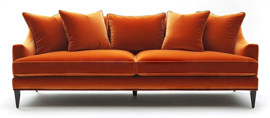 Stylish orange velvet sofa with four plush pillows on a white background, showcasing a modern and elegant interior design.