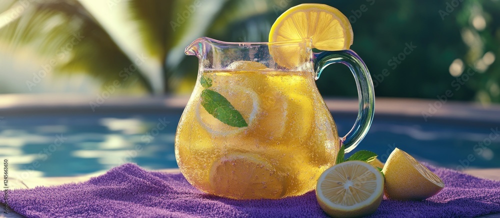 Poster vibrant lemonade pitcher with lemon slices on a purple towel by the poolside with refreshing drinks 
