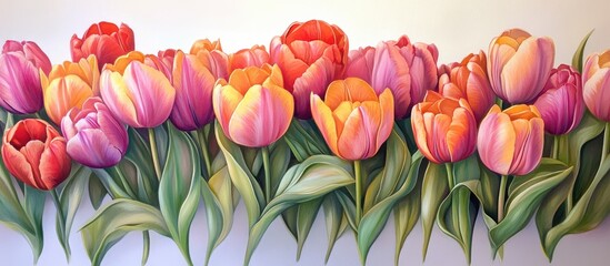 Fototapeta premium Colorful tulips in shades of pink, red, and orange against a bright white background, arranged in a stunning horizontal display for spring ambiance.