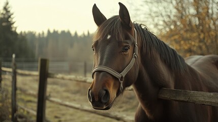 Obraz premium Majestic Brown Horse in a Peaceful Countryside Setting