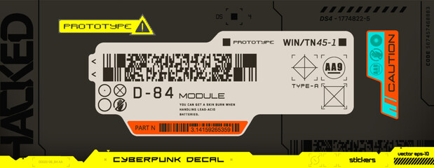 Cyberpunk decals. Vector sticker, label in futuristic style.