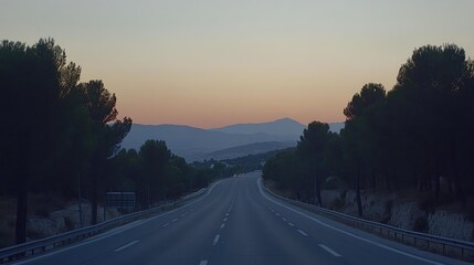 A tranquil scene of a deserted motorway at sunset, with the road disappearing into the horizon, surrounded by silhouettes of trees and distant mountains.