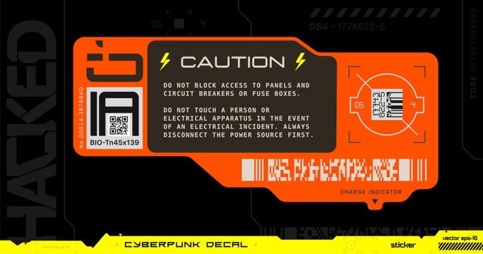 Cyberpunk decal. Vector sticker, label in futuristic style. Inscription Caution