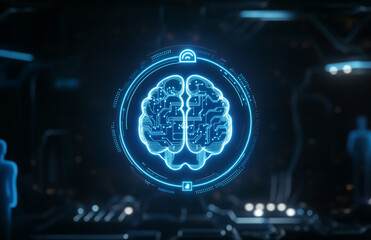 High-Tech Interface Depicting Artificial Intelligence Concept, a blue light of a brain.